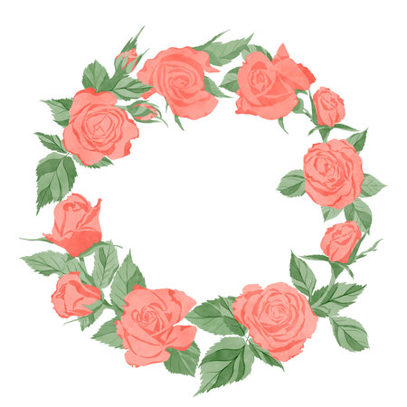 Round wreath frame with flowers, pink roses and green leaves isolated on a white background for design for textiles, wedding, birthday, postcard, background, invitation, wallpaper, stickers, decorations.の写真素材