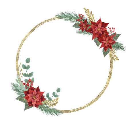 Round wreath frame with Christmas flower red poinsettia, fir branches, vegetation and berries isolated on white background. Handmade digital illustration. Element for designの写真素材
