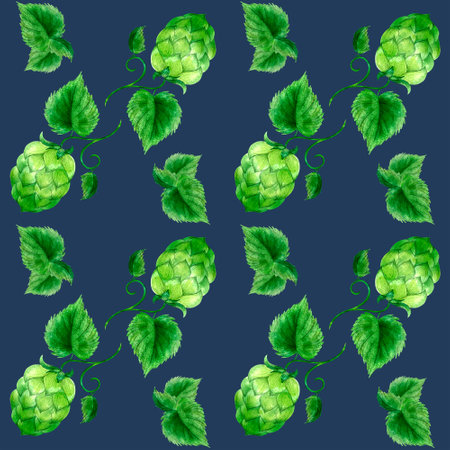 Seamless pattern with a hop plant on a blue background, handmade digital watercolor illustration....