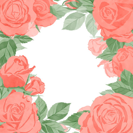 A frame with flowers, pink roses and green leaves isolated on a white background for design for textiles, wedding, birthday, postcard, background, invitation, wallpaper, stickers, decorations.の写真素材