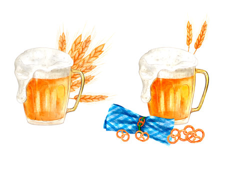 Set of compositions beer malt pretzel napkin digital watercolor illustration. Template design for Octoberfest, textiles, interior, clothing, wallpaper, tableware, stationery.の写真素材