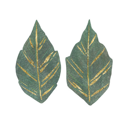 Floral green leaf with gold ornament, unique digital handmade illustration isolated on white background. For creating holiday greeting cards and invitations, packaging, printing on textiles, wallpaperの写真素材