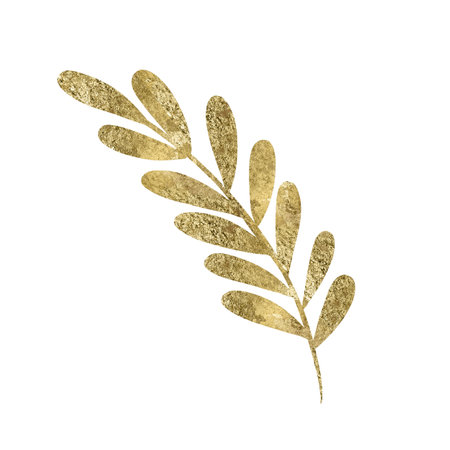 Golden branch of plant with rounded leaves, handmade digital illustration isolated on white background. For creating holiday greeting cards and invitations, packaging, printing on textiles, wallpaper.の写真素材