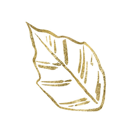 Golden floral leaf, graphic digital, unique digital handmade illustration isolated on white background. For creating holiday greeting cards and invitations, packaging, printing on textiles, wallpaperの写真素材
