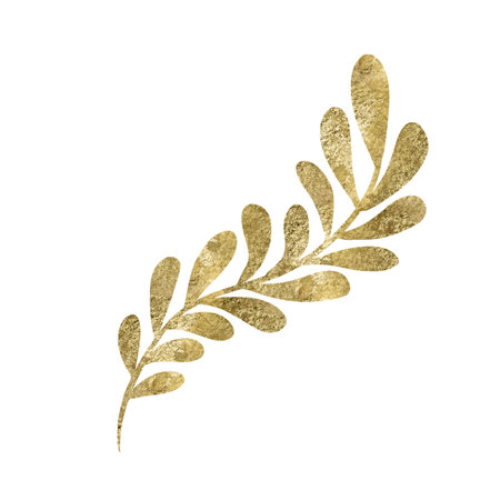 Golden plant branch with rounded green leaves digital illustration isolated on white backgroundの写真素材