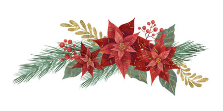 Composition with Christmas flower red poinsettia, fir branches, vegetation and berries isolatedの写真素材