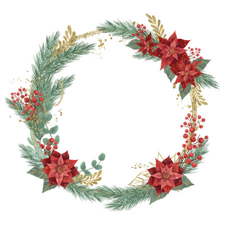 Round wreath frame with Christmas flower red poinsettia, fir branches and berries isolatedの写真素材