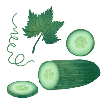A cucumber with a leaf and a vine, a handmade digital illustration highlighted on a white backgroundの写真素材