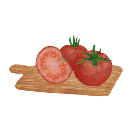 Composition: tomatoes, ripe and sliced on a cutting board on a white background. An element for designing food and kitchen goods. Handmade digital illustrationの写真素材