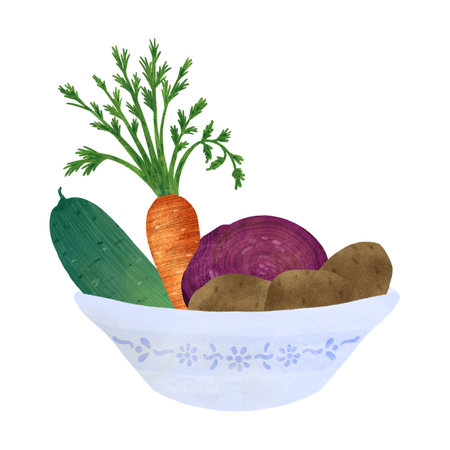 Vegetable composition: cucumber, carrot, beetroot, potato are in a plate on a white background. An element for designing food and kitchen goods. Handmade digital illustrationの写真素材