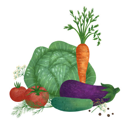 Vegetable composition: cabbage, carrot, tomato, eggplant, cucumber, dill, black pepper on a white background. An element for designing food and kitchen goods. Handmade digital illustrationの写真素材