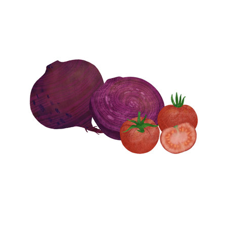 Vegetable composition: whole beets, sliced, tomatoes on a white background. An element for designing food and kitchen goods. Handmade digital illustrationの写真素材