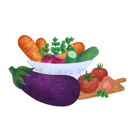 Vegetable composition: eggplant, tomatoes, carrots, cucumbers, radishes, parsley in a bowl on a cutting board on a white background. An element for designing food and kitchen goods. Handmade digital illustrationの写真素材