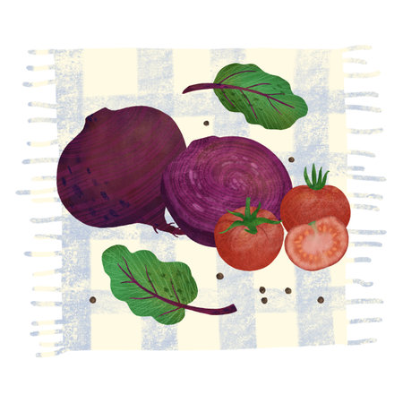 Vegetable composition: whole beetroot, sliced, beet leaves, tomatoes, black pepper on a light tablecloth in a cage. An element for designing food and kitchen goods. Handmade digital illustrationの写真素材