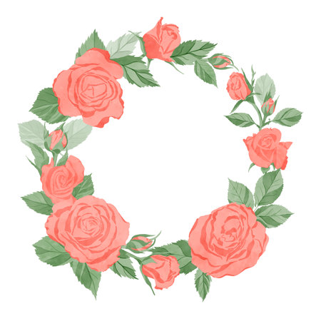 Round wreath frame with flowers, pink roses and green leaves isolated on a white background for design for textiles, wedding, birthday, postcard, background, invitation, wallpaper, stickers, decorations.の写真素材