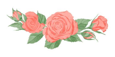 Composition of elements: a scarlet rose flower with green leaves isolated on a white background, handmade digital watercolor illustration. Design templates for textiles, interior, clothing, wallpaper, tableware, stationery.の写真素材