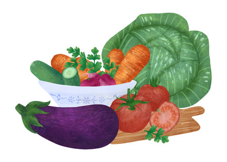 Vegetable composition: eggplant, cabbage, tomatoes, carrots, cucumbers, radishes, parsley in a bowl and on a cutting board, highlighted on a white background. An element for decorating foodの写真素材