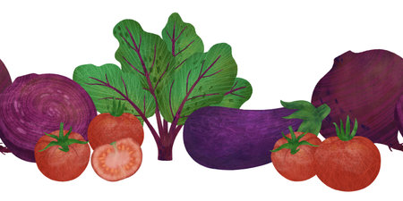 Seamless vegetable border: whole beetroot, sliced, beet leaves, tomatoes, eggplant on a white background. An element for decorating foodの写真素材