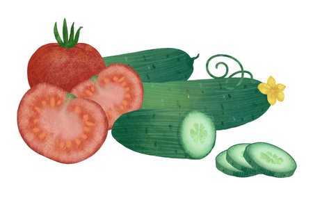 Composition: ripe tomatoes, cucumbers, whole and sliced, isolated on a white background. An element for designing food and kitchen goods. Handmade digital illustrationの写真素材