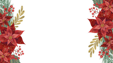 Frame, blank for a postcard with a red poinsettia Christmas flower, fir branches, vegetation and berries highlighted on a white background. Design element, handmade digital illustrationの写真素材