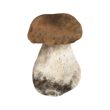 Edible boletus mushroom, handmade digital illustration on a white background. An element for the design of postcards, invitations, packaging, textiles, wallpaper.の写真素材