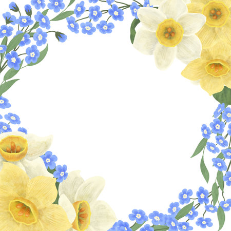 A frame of a floral arrangement of blue forget-me-nots and daffodils, a digital handmade illustration on a white background. An element for the design of postcards, invitations, packaging, wallpaperの写真素材