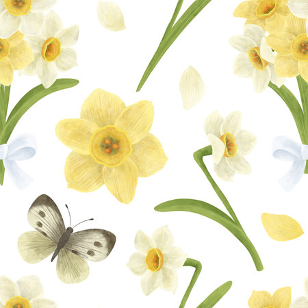 Seamless pattern with white and yellow daffodils, butterfly, handmade digital illustration on a white background. An element for the design of postcards, invitations, packaging, textiles, wallpaper.の写真素材