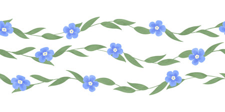 Seamless border of blue forget-me-nots, handmade digital illustration on a white background. An element for the design of postcards, invitations, packaging, textiles, wallpaper.の写真素材