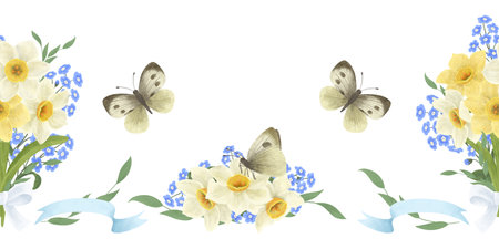 Seamless border with flowers of blue forget-me-nots, yellow and white daffodils, leaves, butterfly, ribbons. An element for the designの写真素材