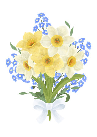 Bouquet with flowers of blue forget-me-nots, yellow and white daffodils, tied with a bow - composition. An element for the design of postcards, invitations, packaging, wallpaperの写真素材