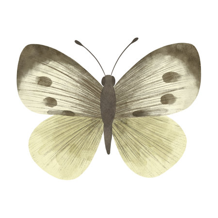A light yellow-gray butterfly Cabbage White, handmade digital illustration isolated on white background. An element for the design of postcards, invitations, packaging, textiles, wallpaper.の写真素材