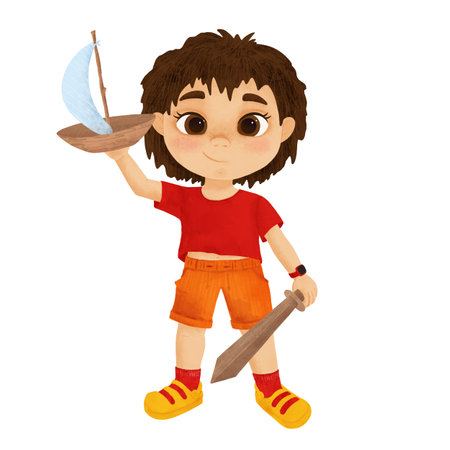 Baby boy, child, cartoon character with a wooden sword and boats in his hands, handmade digital illustration on a white background. An element for the designの写真素材
