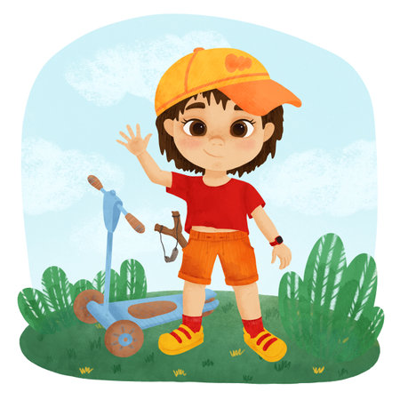 A small boy in red and yellow clothes, a baseball cap in a clearing against a background of clouds with a scooter, handmade digital illustration for the designの写真素材