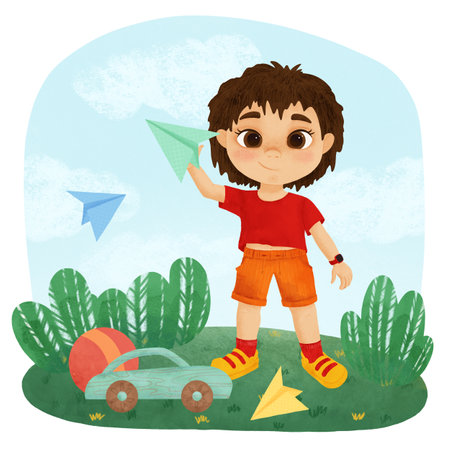 A small boy stands in a clearing against a background of blue sky and clouds, next to paper airplanes, a toy car and a ball, a cartoon character, handmade digital illustration for the designの写真素材