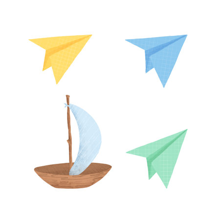 Paper airplanes in yellow, blue, and green, a toy wooden boat, handmade digital illustration on a white background. A set of elementsの写真素材