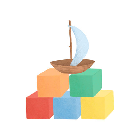 A composition of children's toys: colored cubes, a wooden boat, handmade digital illustration on a white background. An element for the design of postcards, invitations, packagingの写真素材