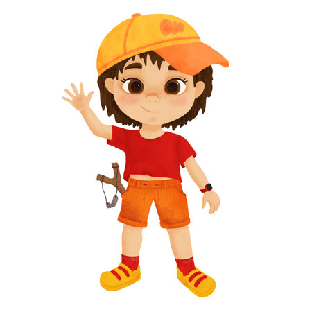 Cute little boy with a slingshot stands and waves his hand, cartoon character, handmade digital illustration on a white background. An element for the design of postcards, invitations, packagingの写真素材