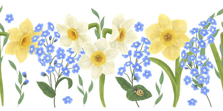 Seamless border with flowers of blue forget-me-nots, yellow and white daffodils, green twigs, ladybug. An element for the designの写真素材