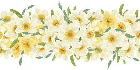 Seamless floral border made of a bouquet of white daffodils, leaves, composition, handmade digital illustration on a white background. An element for the design of postcards, invitations, packagingの写真素材