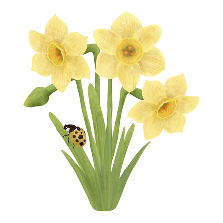 Bouquet of yellow daffodils, leaves, grass, ladybug, composition, handmade digital illustration on a white background. An element for the design of postcards, invitations, packaging, textiles, wallpaper.の写真素材