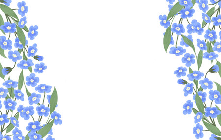 Banner frame with blue forget-me-nots, handmade digital illustration on a white background. An element for the design of postcards, invitations, packaging, textiles, wallpaper.の写真素材