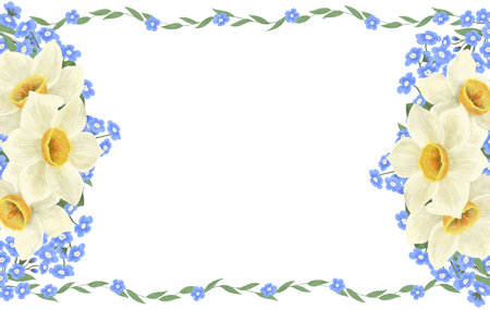 Frame, banner, postcard with floral print: blue forget-me-nots, white daffodils. A handmade digital illustration. An element for the design of postcards, invitations, packaging, textiles, wallpaper.の写真素材