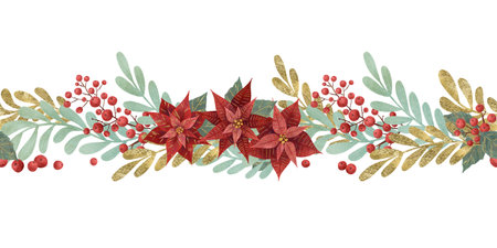 Seamless border with a red poinsettia Christmas flower, fir branches, green and golden vegetation, berries highlighted on a white background. Design element, handmade digital illustrationの写真素材
