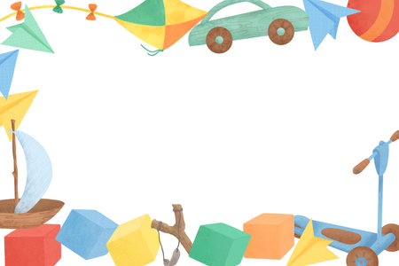A postcard template, a frame of children's toys, cars, boats, balls, colored cubes, paper airplanes, a kite, a slingshot, a scooter, handmade digital illustration on a white background.の写真素材