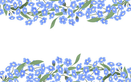 Banner frame with blue forget-me-nots, handmade digital illustration on a white background. An element for the design of postcards, invitations, packaging, textiles, wallpaper.の写真素材