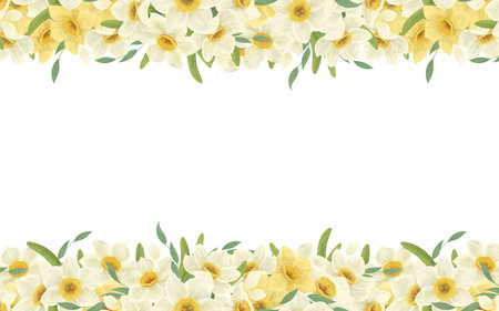 A floral banner frame made from a bouquet of white daffodils, leaves, composition, handmade digital illustration on a white background. An element for the design of postcards, invitations, packagingの写真素材