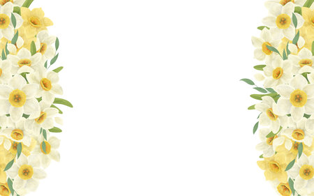 A floral banner frame made from a bouquet of white daffodils, leaves, composition, handmade digital illustration on a white background. An element for the design of postcards, invitations, packagingの写真素材