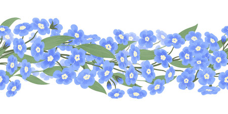Seamless floral border with blue forget-me-nots, handmade digital illustration on a white background. An element for the design of postcards, invitations, packaging, textiles, wallpaper.の写真素材
