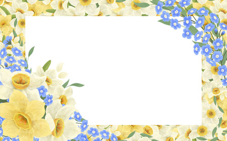 A frame of a floral arrangement of blue forget-me-nots and daffodils, a digital handmade illustration on a white background. An element for the design of postcards, invitations, packaging, wallpaperの写真素材