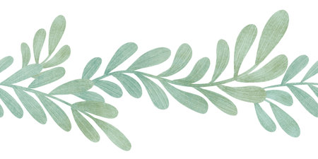 Seamless border of branches with rounded green leaves, handmade digital illustration isolated on white background. An element for the design of postcards, invitations, packaging, textiles, wallpaper.の写真素材